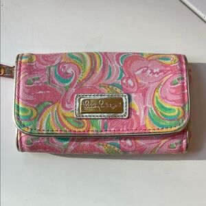 Lilly Pulitzer Swirl Flamingos Wristlet Wallet w ID pocket